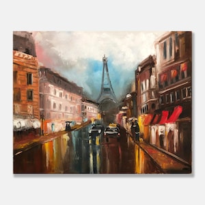 May include: An oil painting of a rainy Paris street scene featuring the Eiffel Tower in the distance. The composition shows wet pavement reflecting warm yellow and orange lights from buildings with red awnings, a dark taxi, and pedestrians.