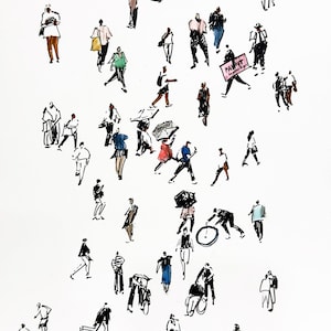 May include: Ink sketch of a crowd of people in various poses, some with umbrellas and signs. The artwork is in black and white with a few pops of color, such as pink and blue. The style is loose and expressive.