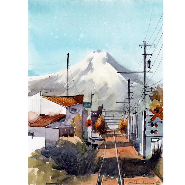 Montagne Fuji, peinture à l'aquarelle originale, art du paysage urbain, oeuvre du Japon, peinture de la montagne, croquis à l'aquarelle, 20 x 11 pouces, par Bogdan Shiptenko