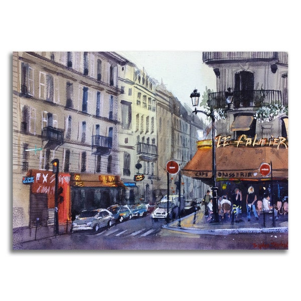 Paris lights Original watercolor painting Cityscape artwork Street painting Architecture sketch Paris art 11 x 14 inches by Bogdan Shiptenko