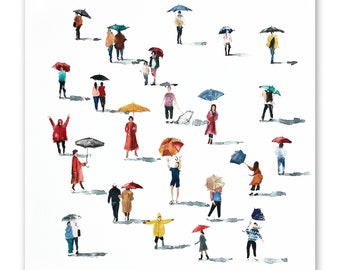 People with Umbrellas Original Artwork Watercolor Painting Figurative Art People Painting Canvas Painting 20 x 20 inches by Bogdan Shiptenko