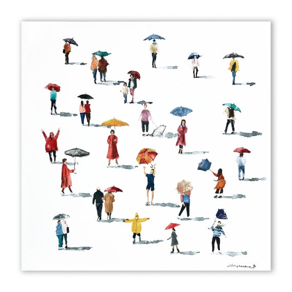 People with Umbrellas Original Artwork Watercolor Painting Figurative Art People Painting Canvas Painting 20 x 20 inches by Bogdan Shiptenko