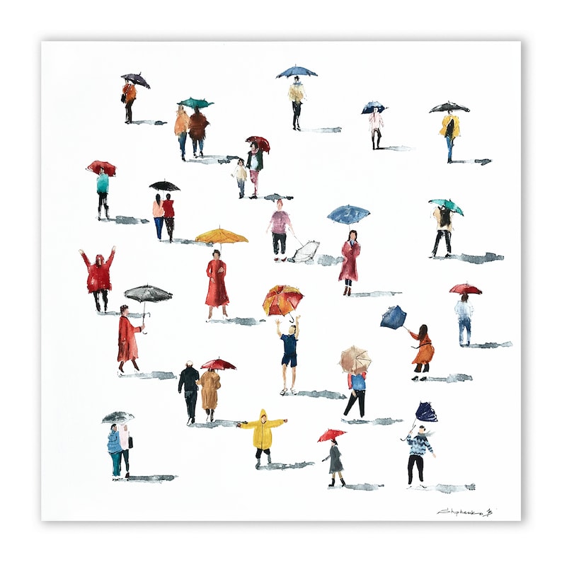 May include: A watercolor painting of people walking in the rain, each holding a colorful umbrella. The umbrellas are various shapes and sizes, and the people are dressed in different clothes. The background is a white canvas.