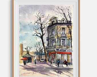 Pintura de paisaje urbano. Acuarela original. Ciudad antigua de Odesa. Obra de arte arquitectónica. Arte mural urbano. Acuarela de 12x16 pulgadas de Bogdan Shiptenko.