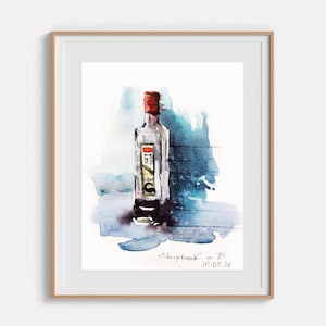 Food Malerei Original Aquarell Malerei Minimalistische Flasche Food Malerei Aquarell Skizze gerahmte Wandkunst 15x20cm von Bogdan Shiptenko