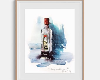 Pintura de comida Pintura original en acuarela Botella minimalista Pintura de comida Boceto en acuarela Arte de pared enmarcado 6x8 pulgadas por Bogdan Shiptenko