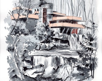 Cityscape painting Original watercolor painting Architecture sketch Fallingwater harmony City artwork Framed art 8 by 12 by Bogdan Shiptenko
