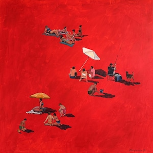 May include: An oil painting depicts a beach scene with people relaxing under umbrellas and sunbathing on a vibrant red background. A person is fishing, and a dog is nearby. The artwork captures a sunny day at the beach.