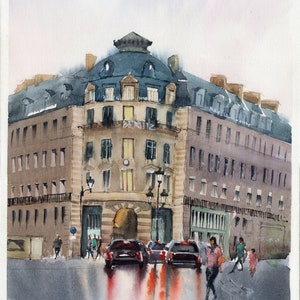 May include: Watercolor painting of a Parisian street scene. The artwork depicts a multi-story building with a domed roof and arched entrance. Cars are parked on the wet street, reflecting the lights. Pedestrians are walking on the sidewalk.
