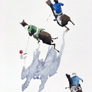 Cowboy painting Polo players Print of original Watercolor painting Figurative art Polo playing Horse painting 20" by 28" by Bogdan Shiptenko