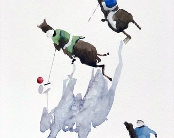 Cowboy painting Polo players Print of original Watercolor painting Figurative art Polo playing Horse painting 20" by 28" by Bogdan Shiptenko