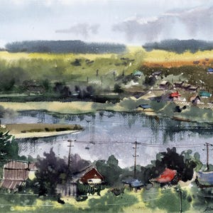 丘からの眺め オリジナル水彩画 風景スケッチ 眺めの絵画 丘のアートワーク 水彩画 12インチ×16インチ ボグダン・シプテンコ作