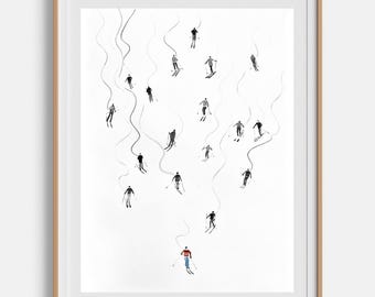 Figurative art Original watercolor painting Winter skiers White painting Ski art Figurative painting Winter art 20" x 28 by Bogdan Shiptenko