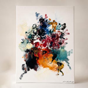 May include: An abstract painting on canvas depicting a group of American football players in motion. The artwork features a dynamic composition of figures in various uniforms with visible jersey numbers, rendered in vibrant splashes of red, blue, orange, and black paint against a white background. The artist's signature is visible in the bottom right corner.