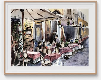 Cityscape painting Original watercolor painting Rome street cafe Framed art Street painting Architecture wall art 8 x 12 by Bogdan Shiptenko