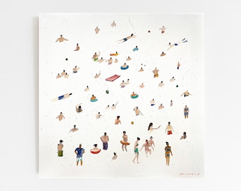 Bathing Season Original Art Watercolor Painting Swimming People Beach Painting Figurative Art People Painting 18" by 18" by Bogdan Shiptenko