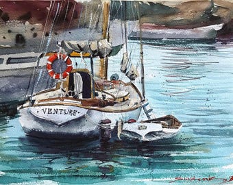Pintura del océano. Acuarela original. Yates españoles. Cuadro enmarcado. Arte en acuarela. Arte mural del océano. 12 x 16 pulgadas. Por Bogdan Shiptenko.