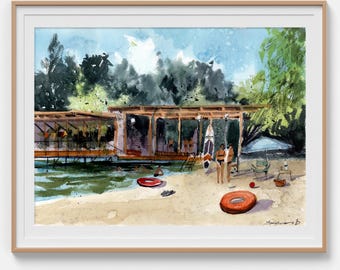 Landscape painting Original watercolor painting Summer riverside Framed wall art Coastal art Horizontal painting 12 x 16 by Bogdan Shiptenko