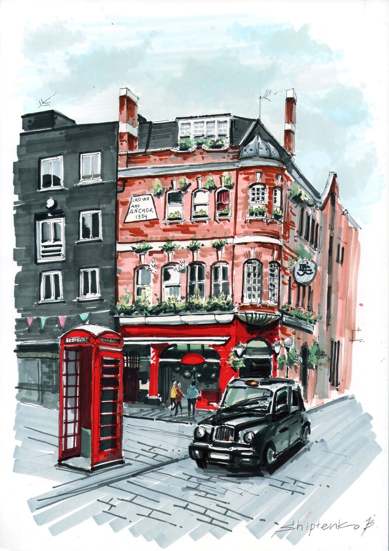 London art Original marker painting, experience the bustling energy of London's streets in this original marker painting, which skillfully captures the city's iconic architecture and dynamic street scenes in vivid detail.