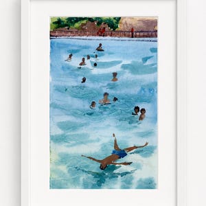 Figurative art Original watercolor painting Pool dive Vertical art Framed wall art Figurative painting Pool art 4" x 10" by Bogdan Shiptenko