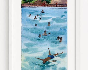 Arte figurativo Acuarela original Buceo en piscina Arte vertical Arte de pared enmarcado Pintura figurativa Arte de piscina 4" x 10" de Bogdan Shiptenko