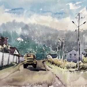 May include: Watercolor painting of a rural road scene. A yellow truck drives towards the viewer on a gray road. Houses and a white wall line the road, with a backdrop of green trees and a cloudy sky. Power lines are visible.