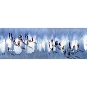 Figurative art Original watercolor painting Ways of people Blue painting People wall art Framed artwork 9" by 23" inches by Bogdan Shiptenko