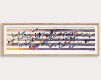 Pedestrian crossing art Print of original watercolor painting Figurative artwork People wall art Contemporary art 6 x 22 by Bogdan Shiptenko