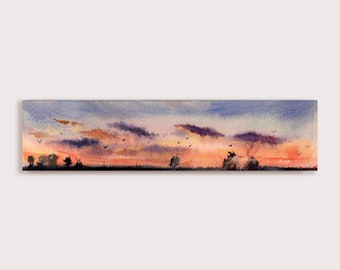 Landscape sunset Original watercolor painting Tree artwork Panorama painting Landscape art Watercolor art 3 by 15 inches by Bogdan Shiptenko