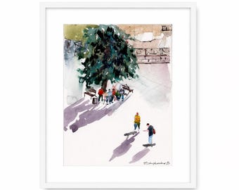 Cityscape painting Original watercolor painting Skaters on square Street painting City wall art Watercolor art 5x7" inch by Bogdan Shiptenko
