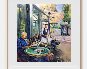 Cityscape painting Original watercolor painting Paris street cafe Architecture sketch Street painting Paris art 14 x 14" by Bogdan Shiptenko