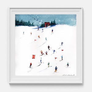 May include: A watercolour painting in a white frame depicting a snowy ski slope with multiple skiers in colourful attire navigating around red flags and markers. A dark blue sky with a chairlift silhouette is visible at the top of the mountain.
