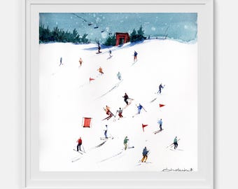 Figurative art Original watercolor painting Sloped track Ski painting Framed wall art Watercolor artwork 8 by 8 inches by Bogdan Shiptenko