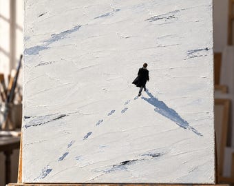 Arte figurativa Dipinto acrilico originale Impronte sulla neve Arte contemporanea Grande dipinto Arte acrilica Dipinto bianco 28x28 di Bogdan Shiptenko