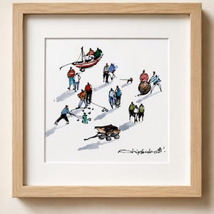 May include: A framed ink and watercolor illustration depicting a busy scene with various figures, a small boat, a cart, and a dog. The artwork features loose, expressive lines and muted color washes, signed by the artist in the bottom right corner.