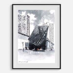 Jüdisches Museum Architektur Skizze Original Aquarell 200 x 30 cm Moderne Kunst Schwarz Weiss Kunst mit Rahmen von Bogdan Shiptenko