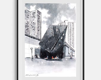 Cityscape painting Original watercolor painting Modern architecture Black white art Architecture sketch 8" ин 12" inches by Bogdan Shiptenko
