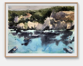 Pintura oceánica Acuarela original Calma mediterránea Arte mural costero Cuadro enmarcado Arte náutico 12x16 pulgadas por Bogdan Shiptenko