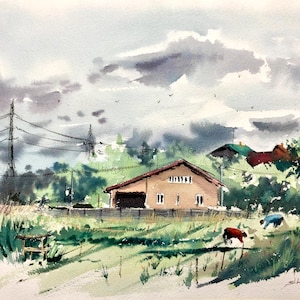 Summer harvest Original watercolor painting Landscape artwork Watercolor sketch Summer painting Harvest art 12x16 inches by Bogdan Shiptenko