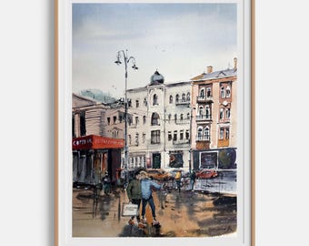 Cityscape painting Original watercolor painting Morning in Kyiv Architecture sketch Street painting Watercolor art 12x16 by Bogdan Shiptenko