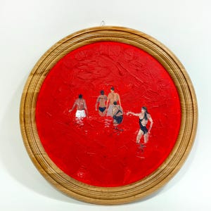 Figurative art Original acrylic painting Red sea Round wall art Red painting Framed art Acrylic artwork 12" x 12" inches by Bogdan Shiptenko
