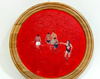 Arte figurativo. Pintura acrílica original. Mar Rojo. Arte mural redondo. Pintura roja. Arte enmarcado. Obra de arte acrílica de 30,5 x 30,5 cm (12" x 12") de Bogdan Shiptenko.
