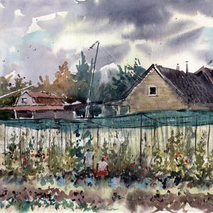 Country harvest Original watercolor painting Landscape artwork Country painting Harvest art Watercolor  sketch 12&quot; x 16&quot; by Bogdan Shiptenko