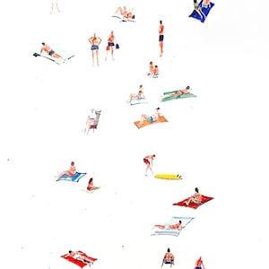 Könnte beinhalten: Ein Aquarellbild, das eine Strandszene mit Menschen zeigt, die sich auf Handtüchern und Stühlen entspannen. Das Bild ist in einem minimalistischen Stil mit einfachen Linien und Farben gehalten.