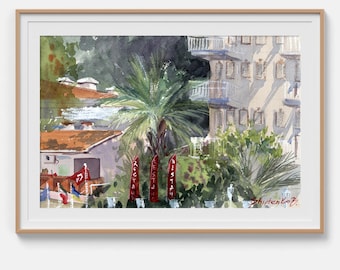 Cityscape painting Original watercolor painting Coastal retreat Architecture sketch Coastal art Watercolor wall art 7x11 by Bogdan Shiptenko