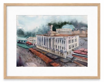 Cityscape painting Original watercolor painting Kyiv River Station Framed painting Architecture sketch 12" by 16" inches by Bogdan Shiptenko