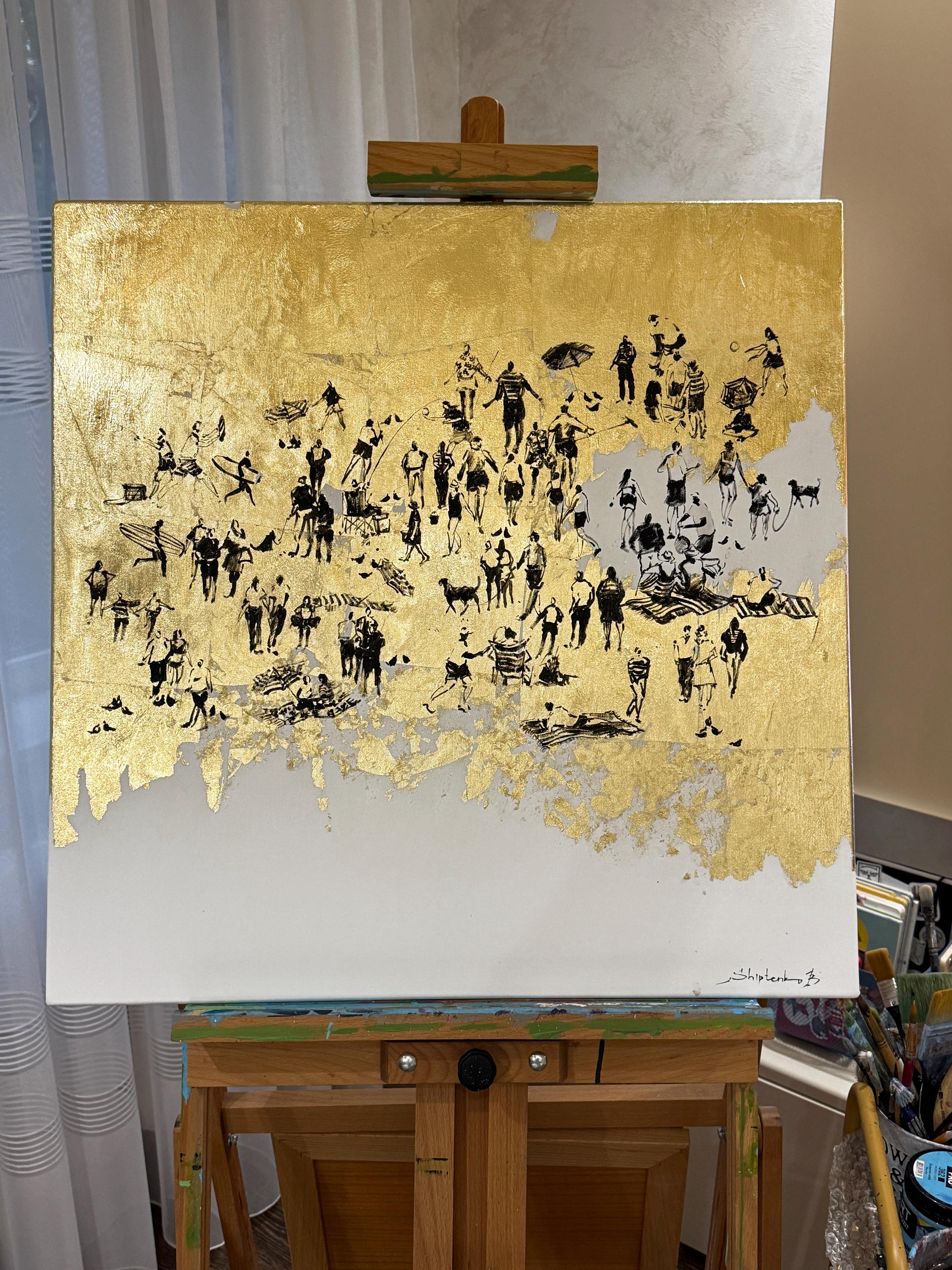 『黄金の葉』絵画 アクリル画/原画 黄金の海岸 オリジナルアクリル画のプリント 黄金の葉の芸術