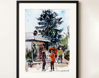 Cityscape painting Original watercolor painting Cafe Kryvyi Ryh Architecture sketch Street painting Watercolor art 5 x 7 by Bogdan Shiptenko