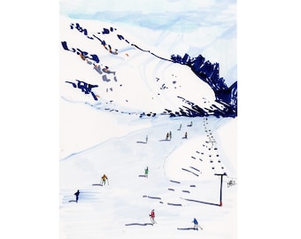 Vail skiers Original marker artwork Skiers painting Mountain wall art Landscape painting Marker painting 7" x 11" inches by Bogdan Shiptenko