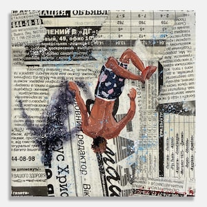 May include: An abstract painting on a newspaper background features a figure in mid-air, wearing swim trunks with a white and blue pattern. The artwork is a mixed media piece with text and numbers.